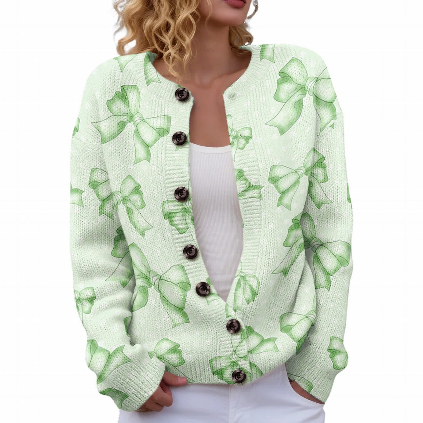Women's Four-Leaf Clover Print Button Cardigan Sweater