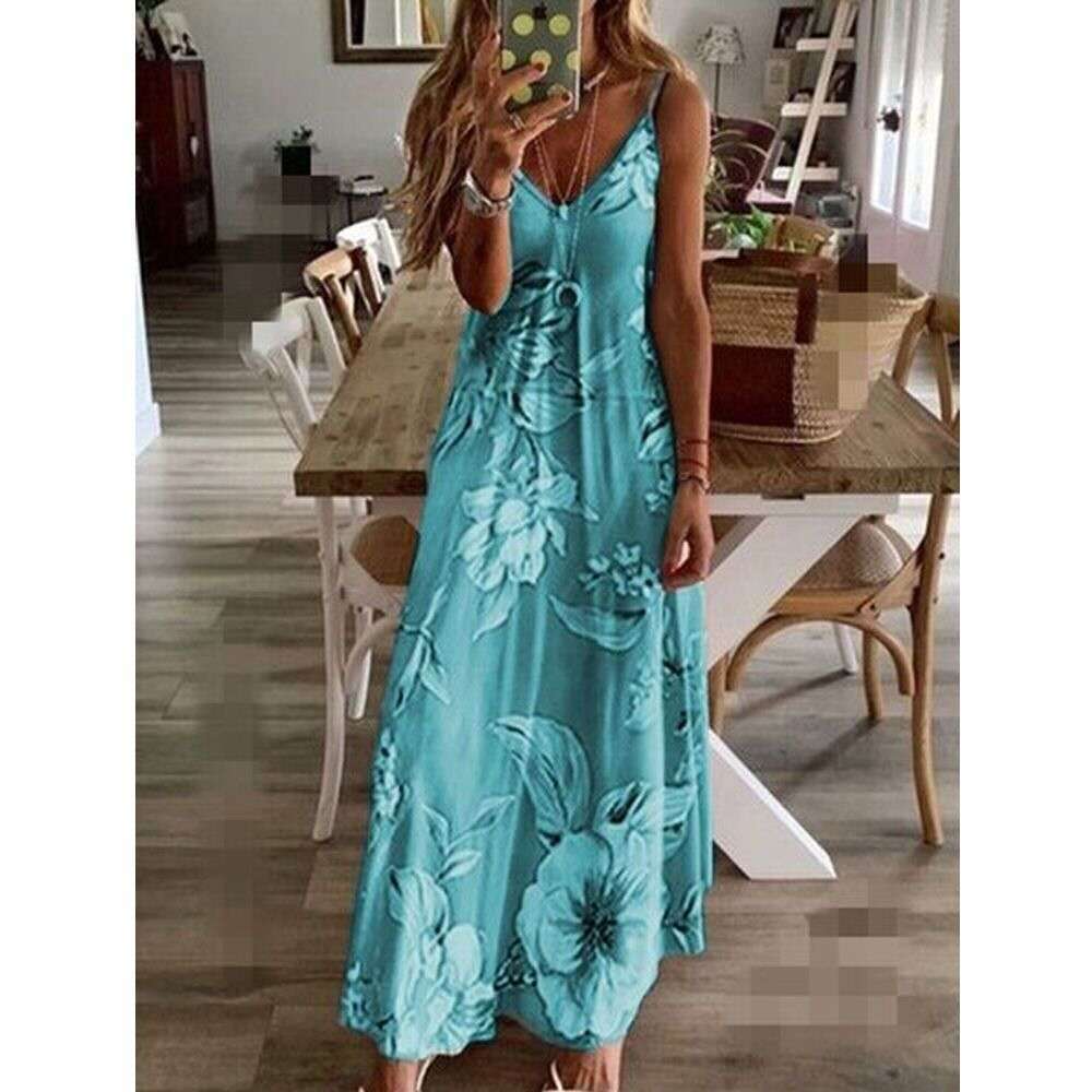 Women's Summer Sleeveless V-Neck Maxi Dress with Digital Print