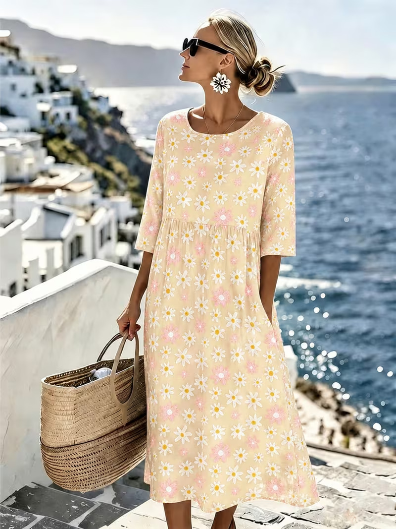 Women's Fresh Floral Daisy Print Ruched Midi Dress