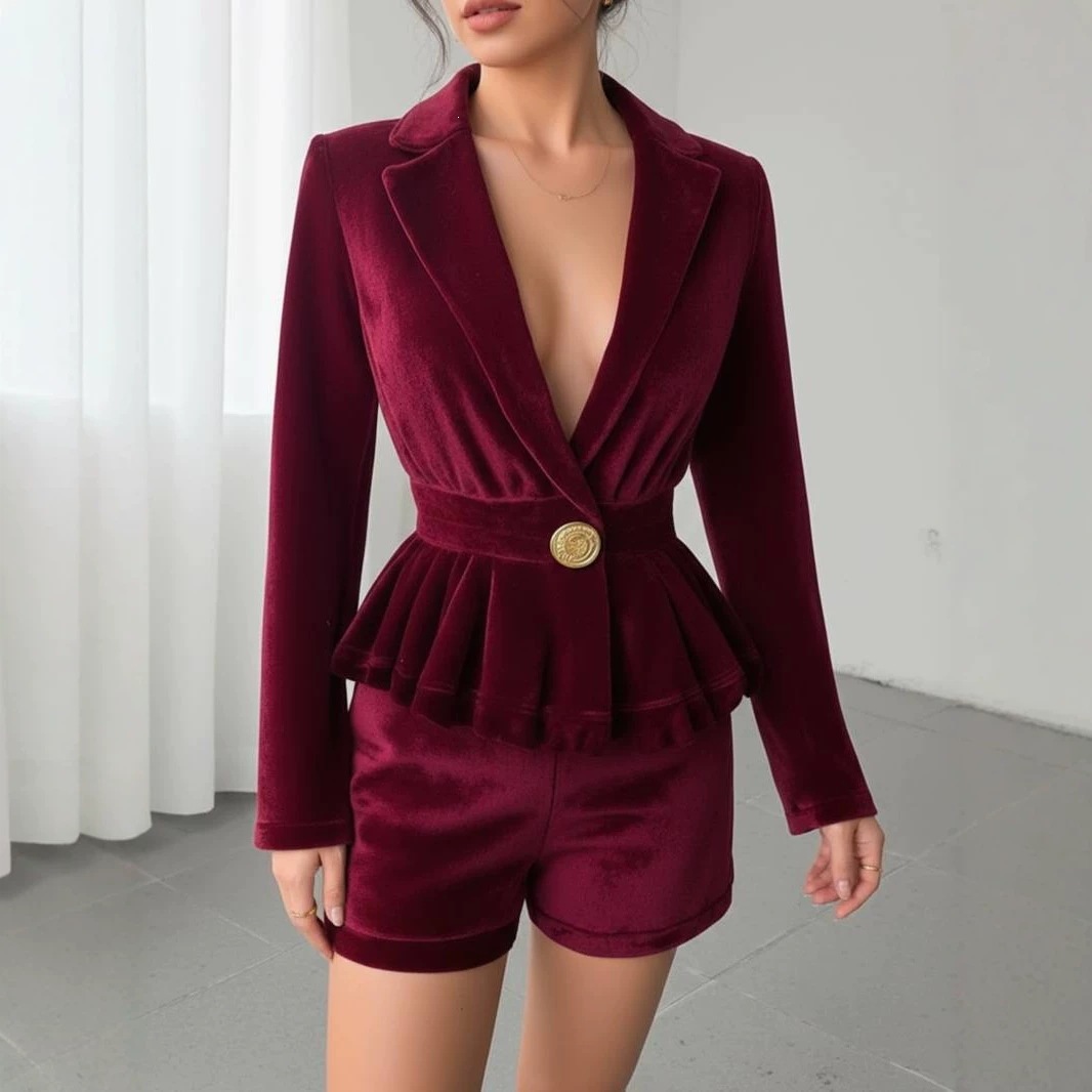 Velvet V-Neck Waist-Cinched Blazer Set