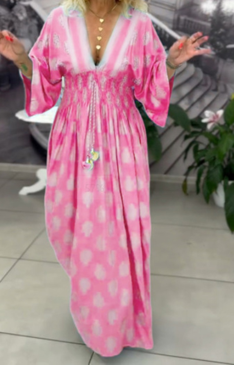 Women's Floral Print V-Neck Drawstring Waist Maxi Dress