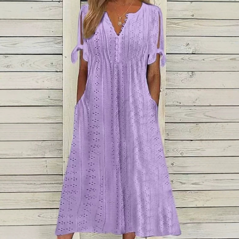 Women's Casual Loose High Waist Embroidered Solid Color Dress