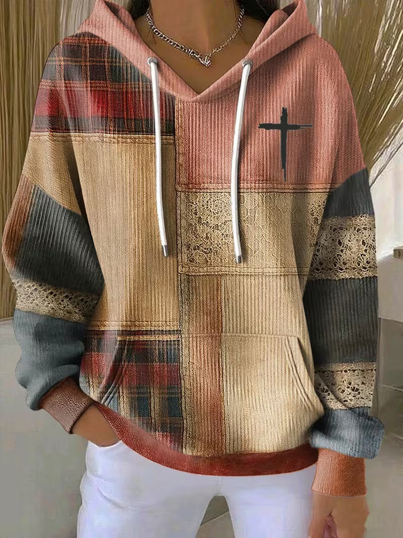 Women's Cross Colorblock Print Casual Hoodie