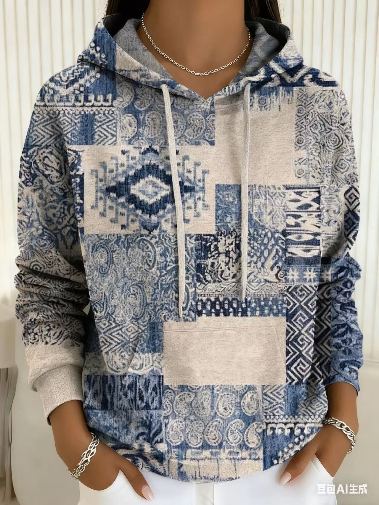 Women's Blue and White Porcelain Plaid Floral Print Hoodie Casual Pullover