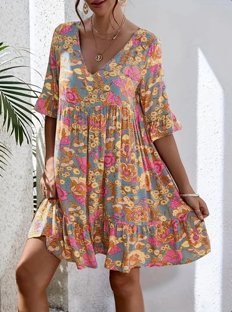 Women's V-Neck Floral Print Boho Dress Short Sleeve High Waist A-Line Orange