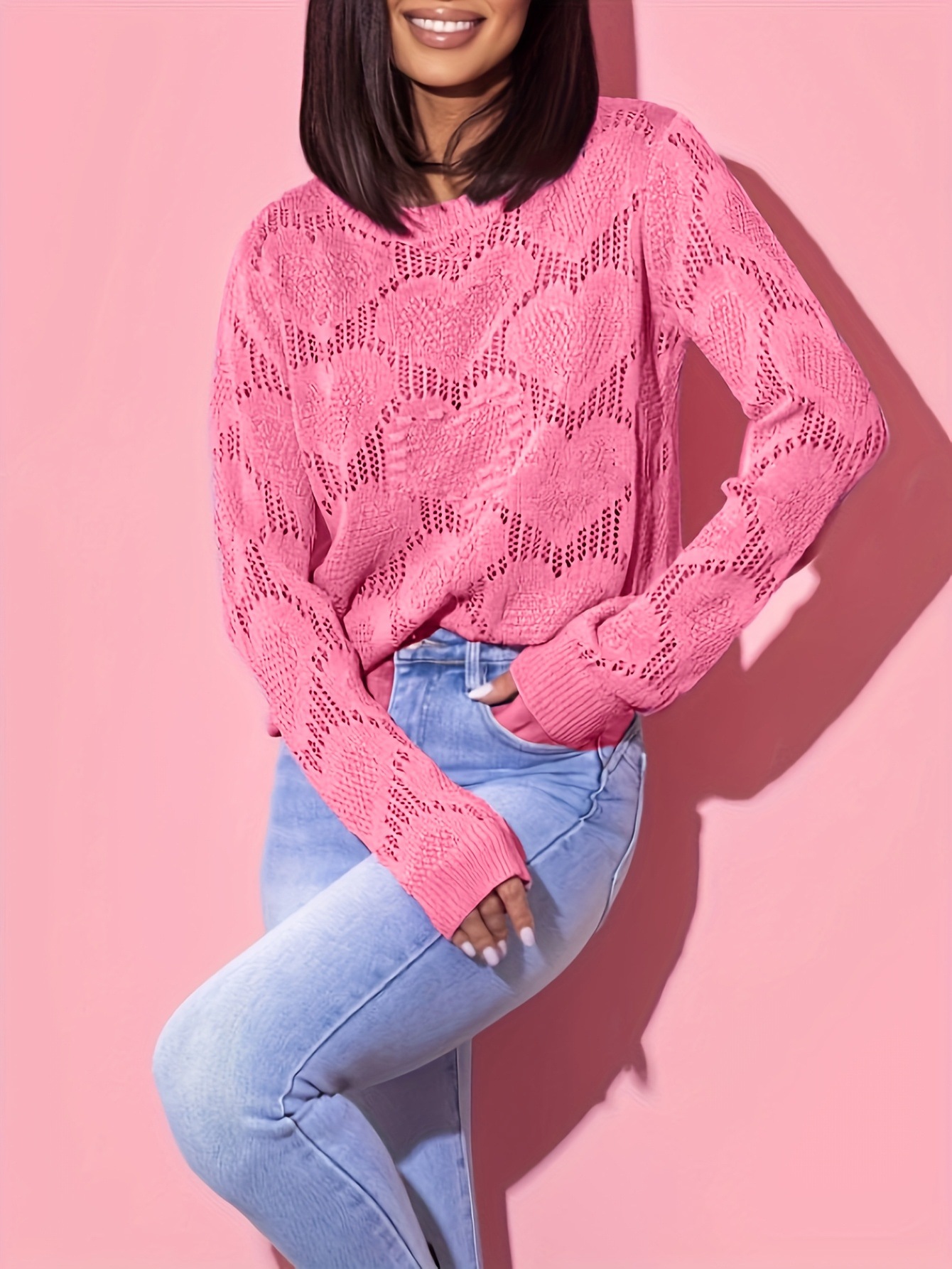 Lightweight Heart Jacquard Open-Knit Pullover Sweater