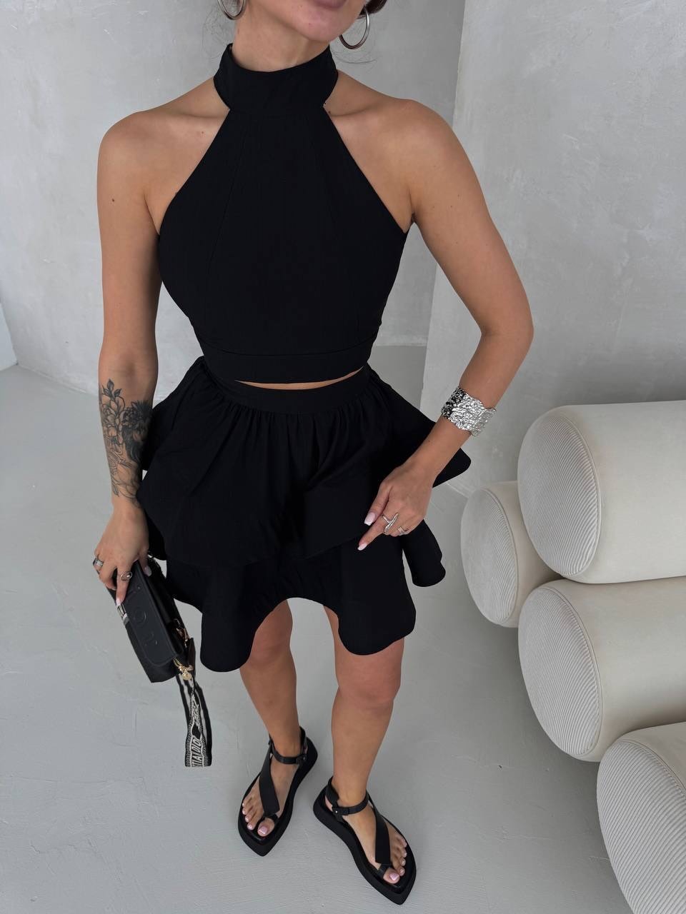 Sleeveless Lace-Up Backless Cami and Tiered Mini Skirt Two-Piece Set
