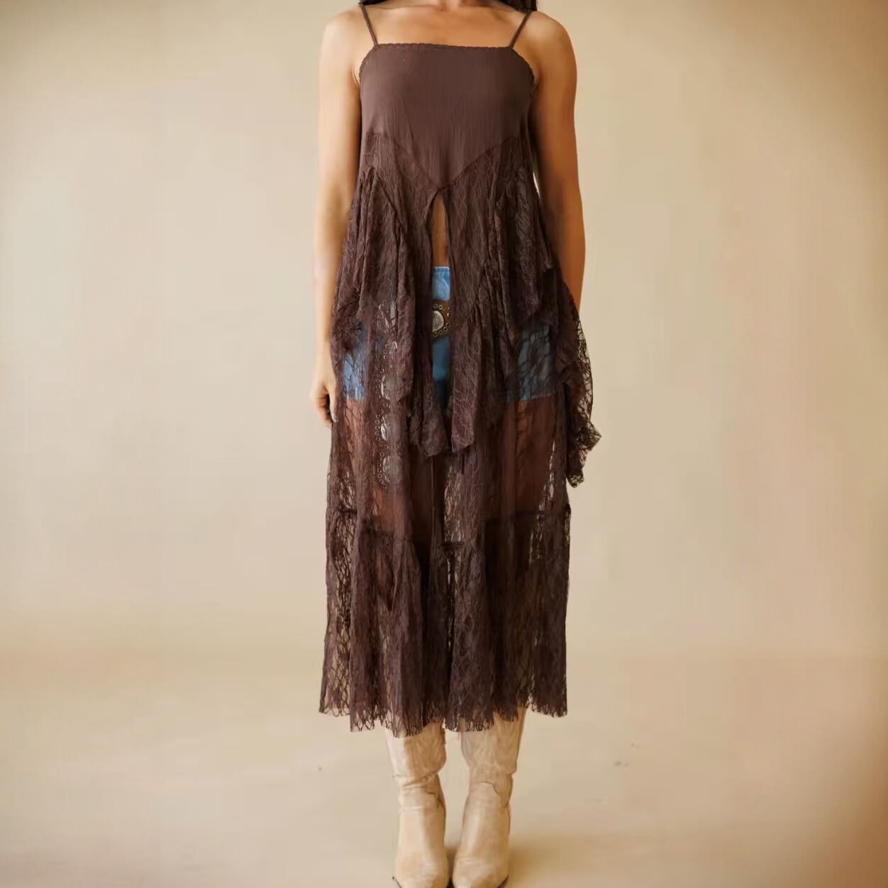Dark Brown Lace Cami Slit Maxi Dress Layering Cover-Up