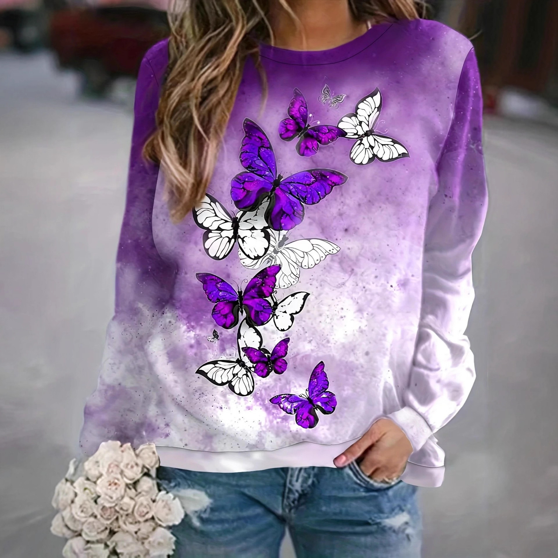 Women's Floral Butterfly Print Crewneck Sweatshirt