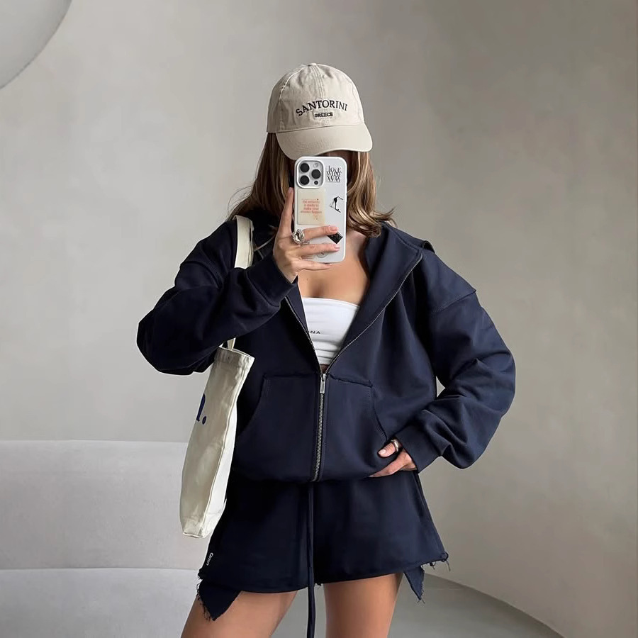 Women's Solid Color Long Sleeve Hooded Drawstring Sweatshirt and Shorts Set