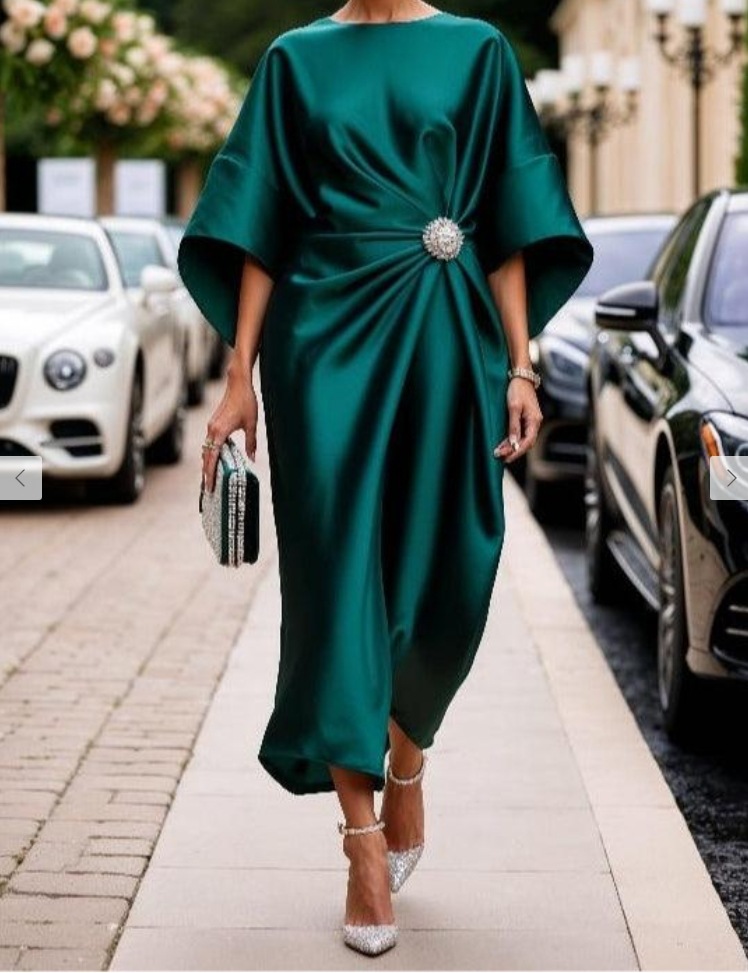 Solid Satin Knot Midi Dress Long High Waist Round Neck
