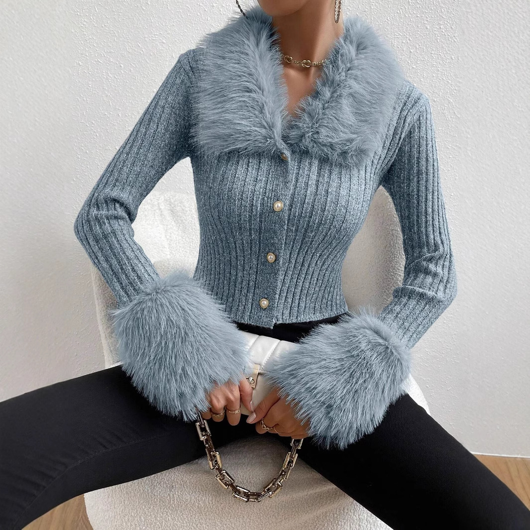 V-Neck Slim-Fit Knit Cardigan with Faux Fur Trim