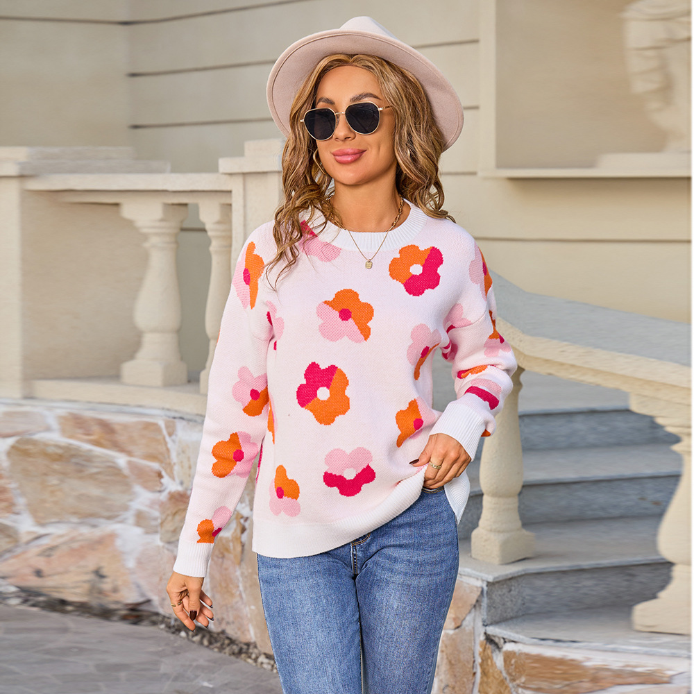 Plus Size Floral Colorblock Knit Sweater Long Sleeve Crew Neck Pullover