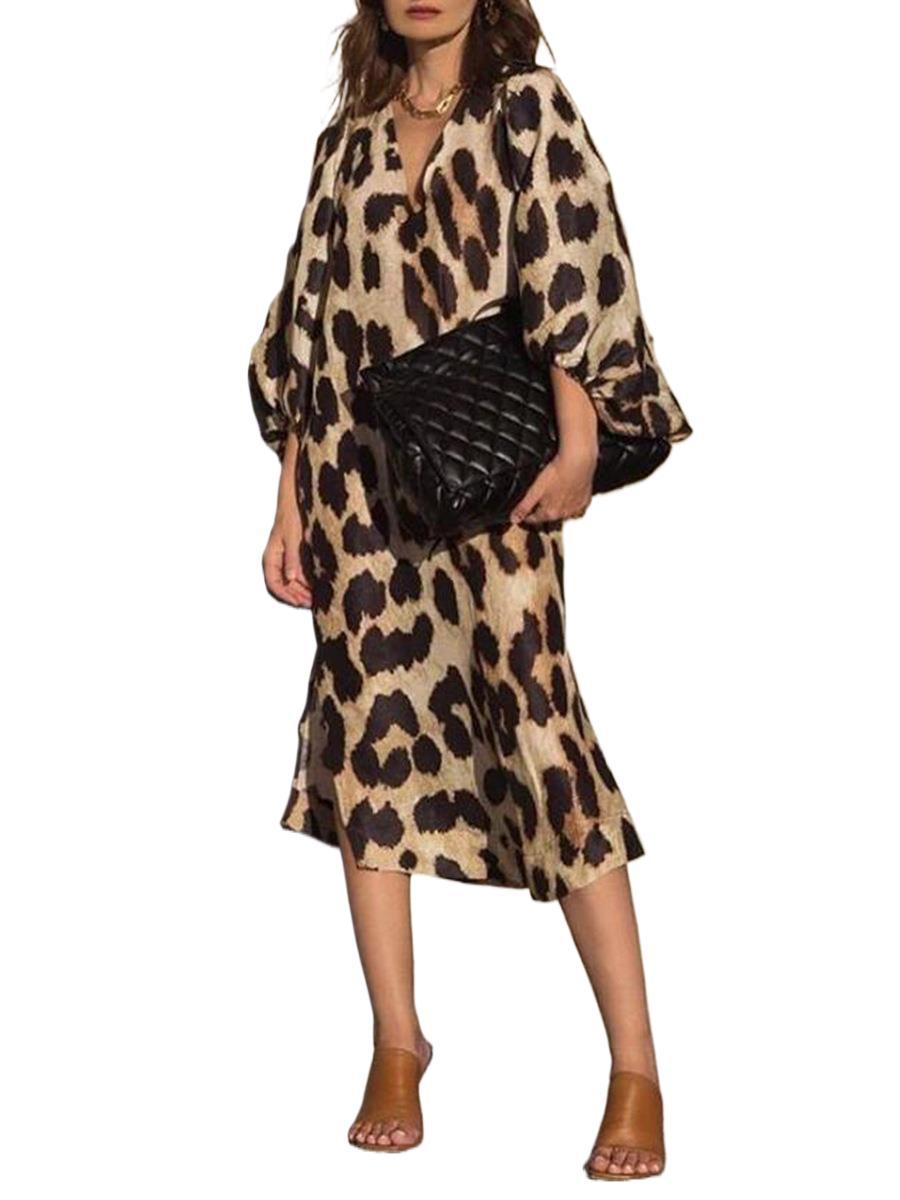 Lantern Sleeve V-Neck Leopard Print Midi Dress