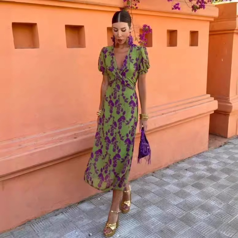 Women's Pleated Floral Print V-Neck Short Sleeve Midi Dress
