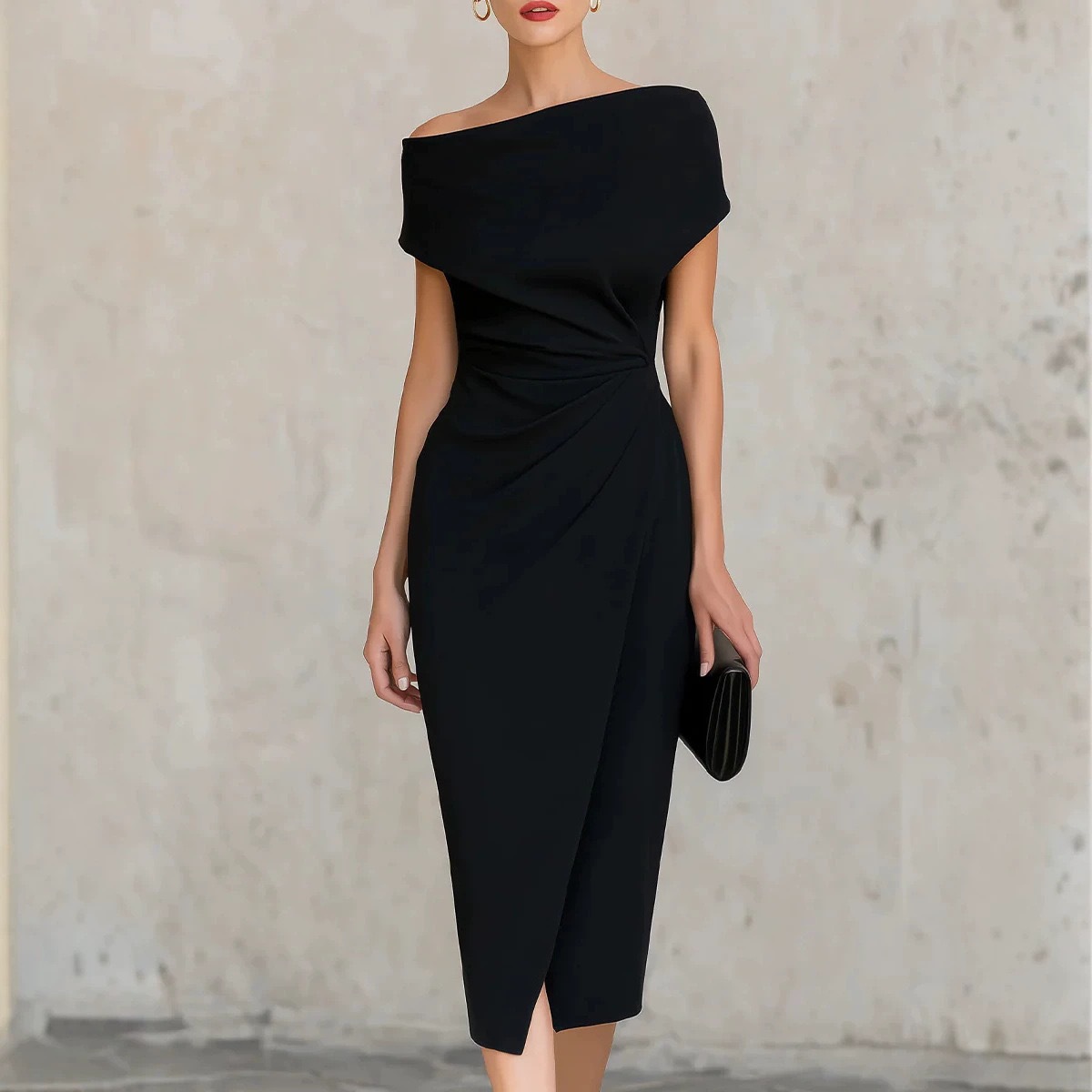 Off-Shoulder Ruched Waist Midi Dress with Slit