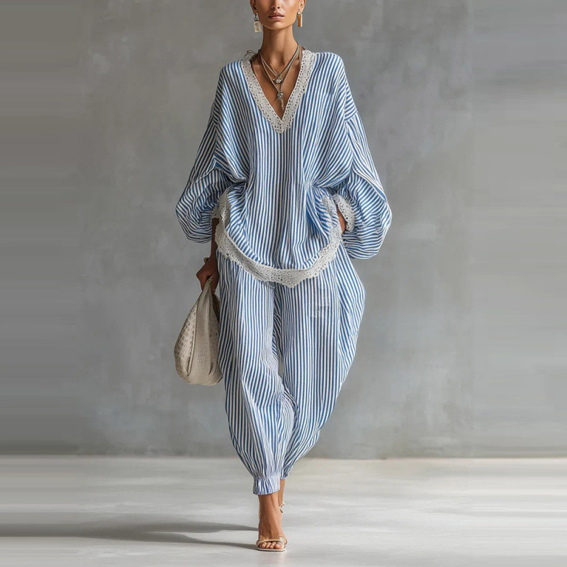 Blue & White Striped Lace Trim Loose Two-Piece Set with Long Sleeve Top and Wide-Leg Pants