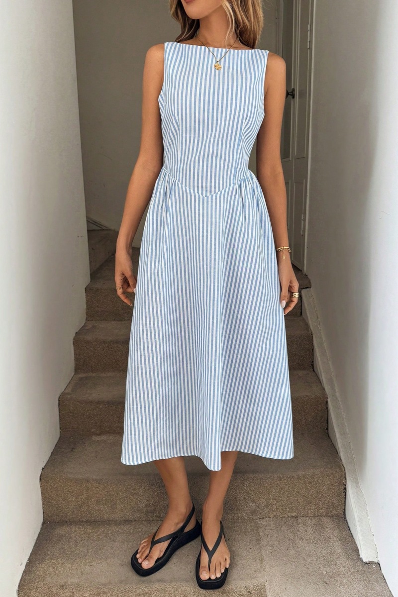 Striped Round Neck Cinched Waist Slimming Long Dress