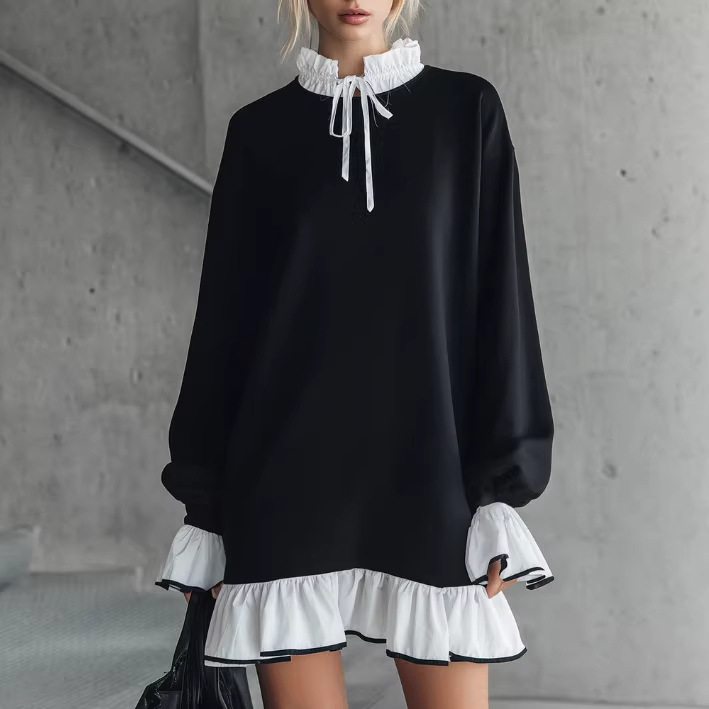Women's Black Colorblock Ruffle Neck and Hem Mini Dress
