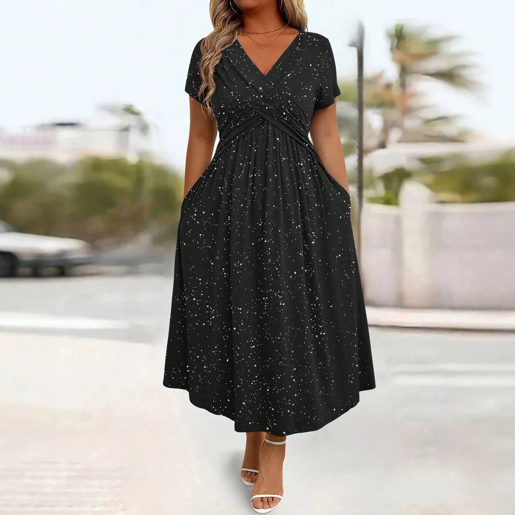 Sparkling V-Neck Short Sleeve Fitted Midi Dress