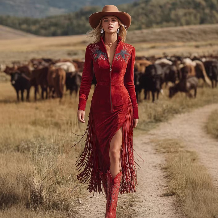 Western Style Vintage Embroidered Red Fringe Faux Suede Midi Skirt