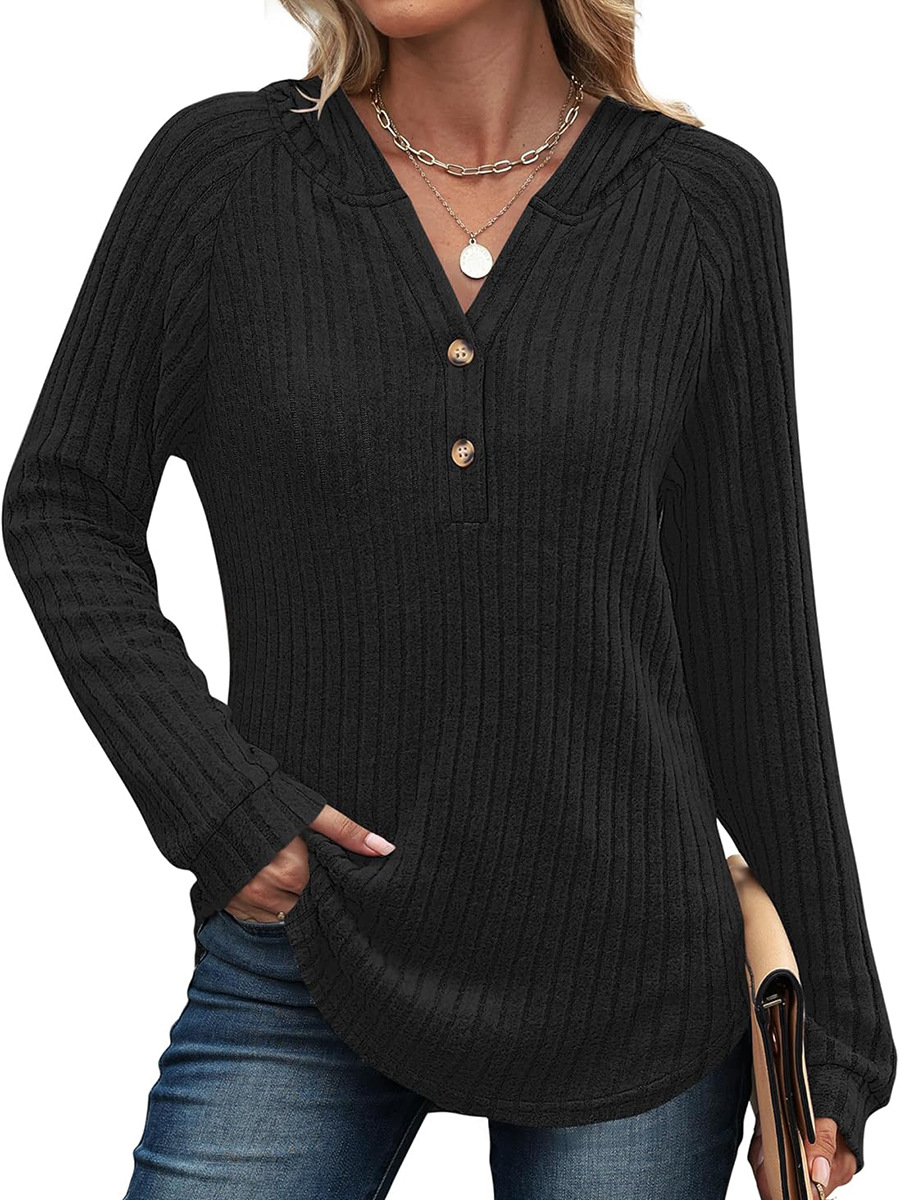 Solid V-Neck Button Loose Hooded Fleece Knit Top