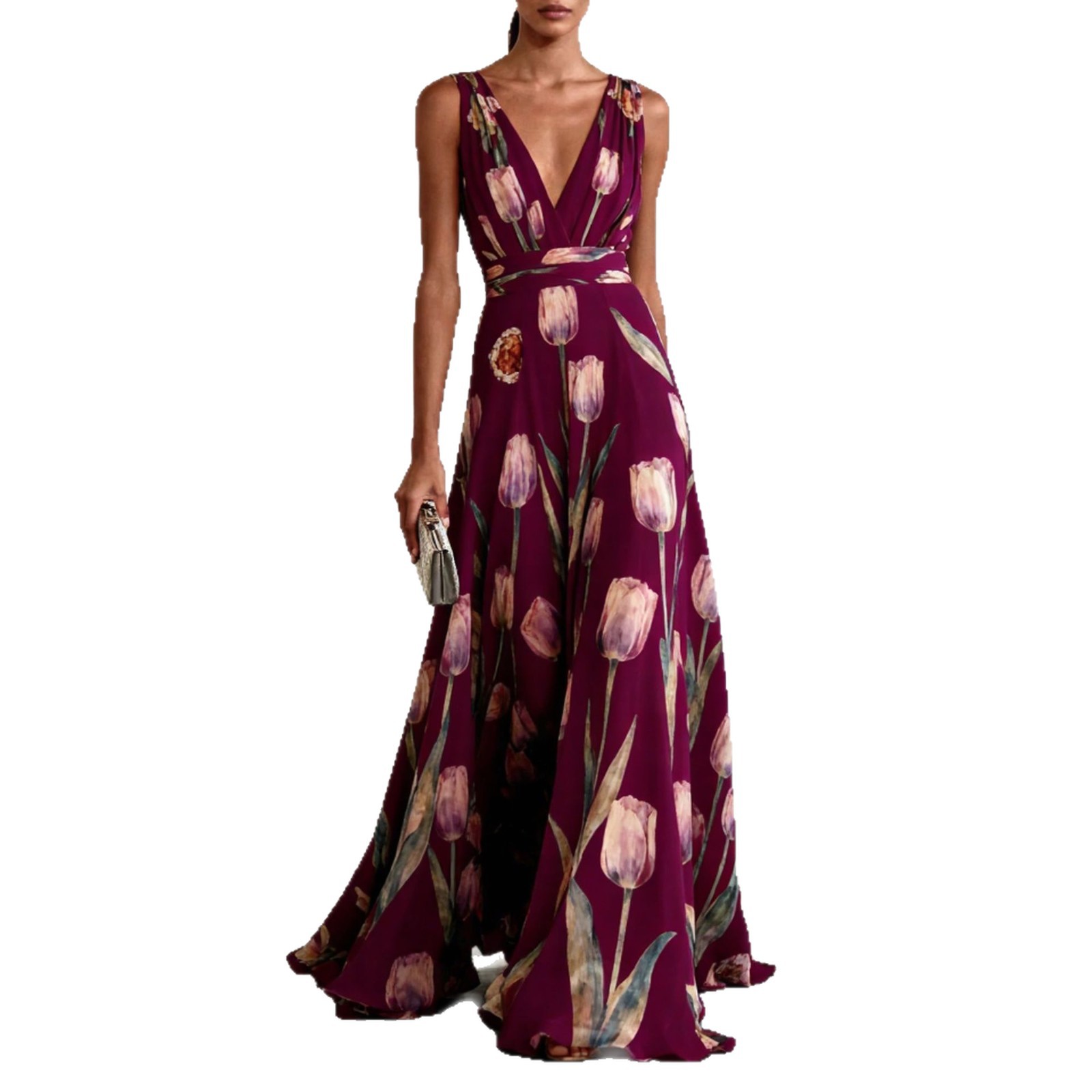 Elegant Floral Print Deep V-Neck High-Waist Maxi Dress