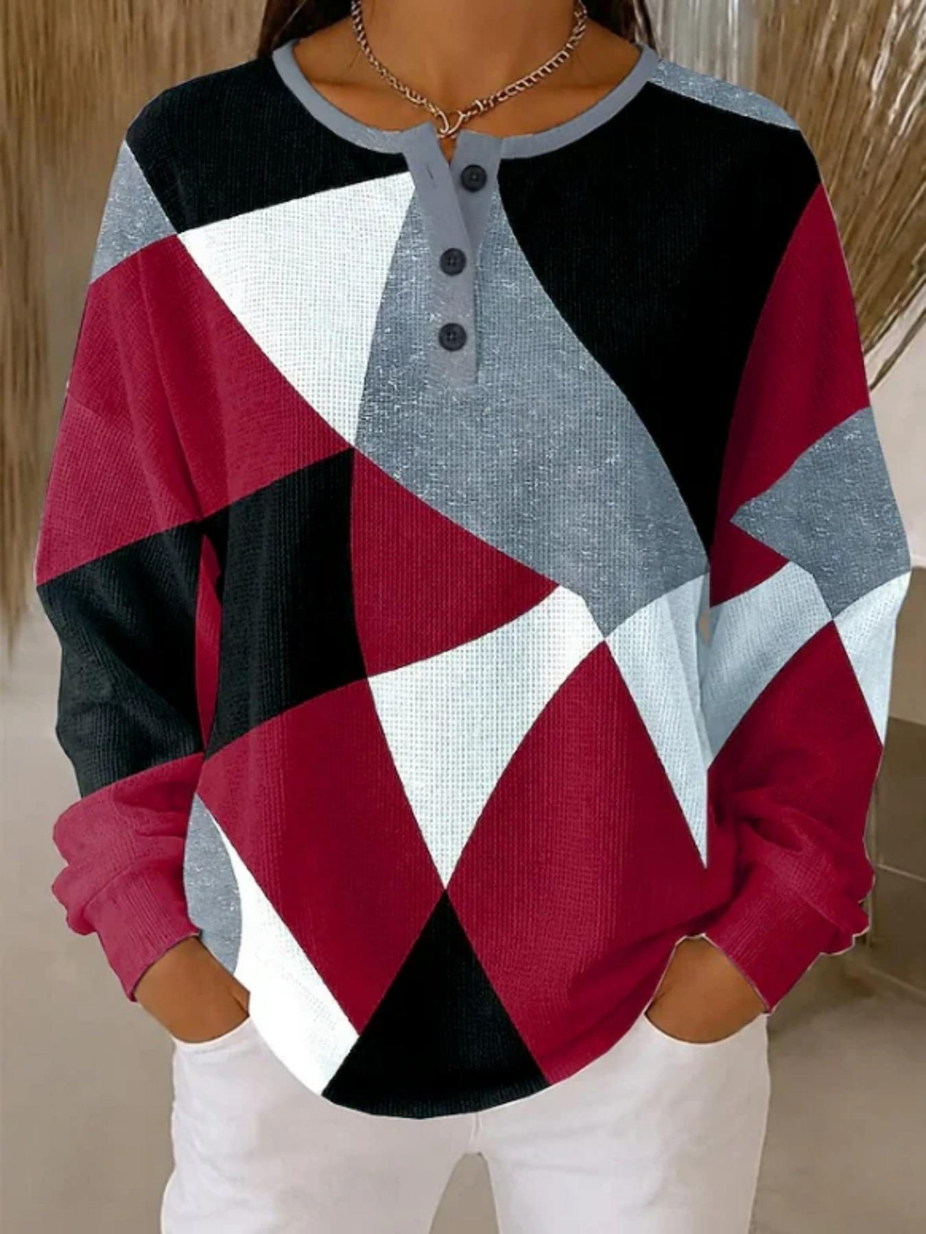 Plaid Colorful Print Crewneck Long Sleeve Pullover Sweatshirt