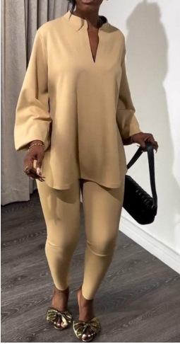 Women's Knit Two-Piece Set Solid Color V-Neck Split Top and Leggings