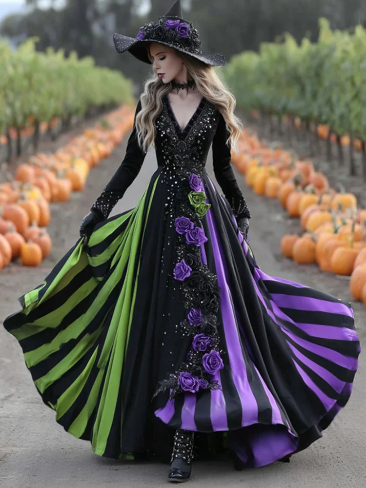 3D Digital Print V-Neck Long Sleeve Maxi Dress