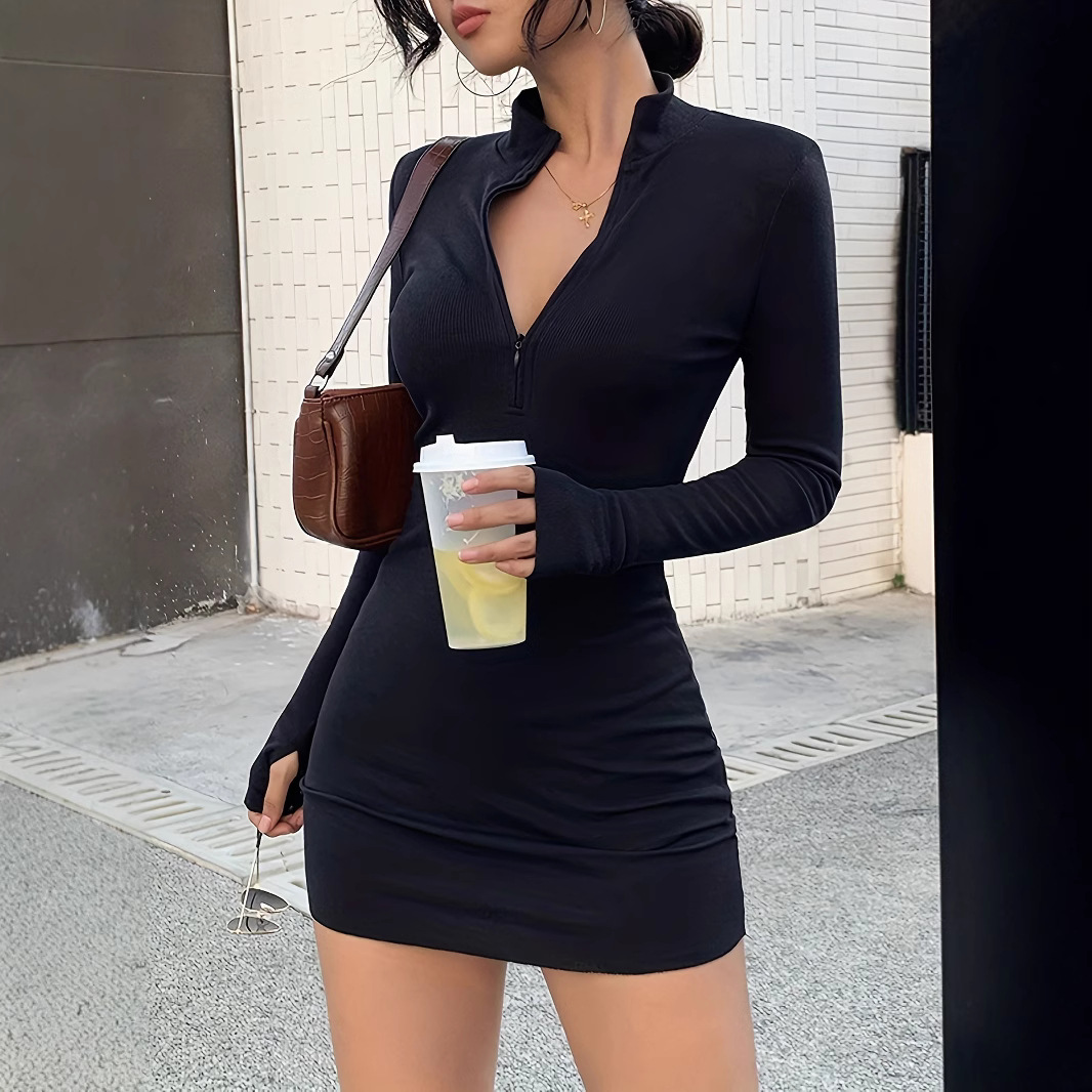 V-Neck Solid Bodycon Short Dress