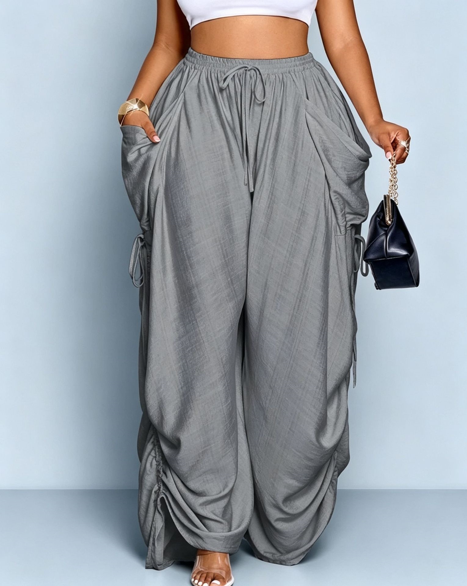 Women's High-Waist Harem Pants Cotton-Linen Drawstring Pockets Plus Size