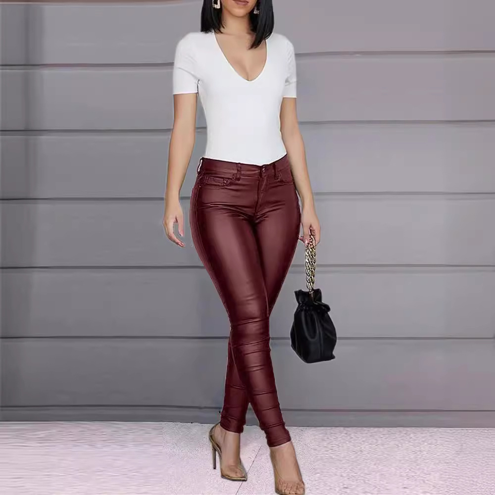 Women's Solid PU Leather Skinny Pants High Waist Stretchy Long Trousers