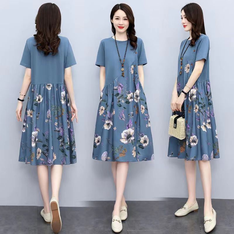 Women's Vintage Floral A-Line Dress Short Sleeve Loose Fit