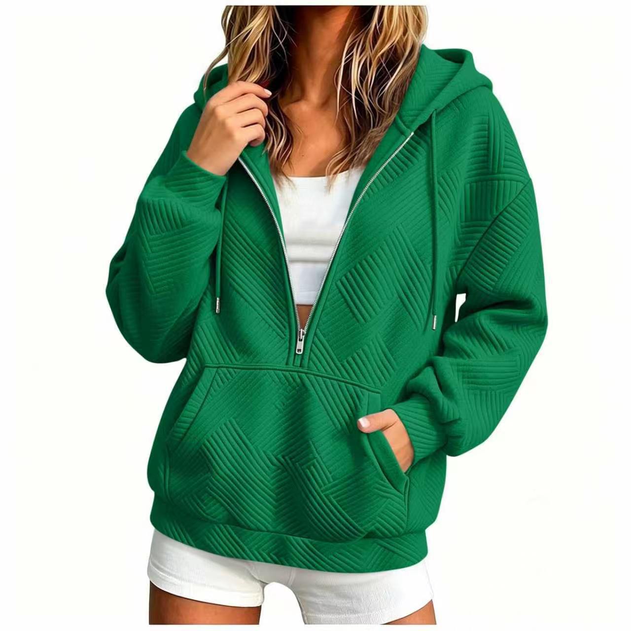 Women's Hooded Drawstring Zip Pocket Loose Sweatshirt