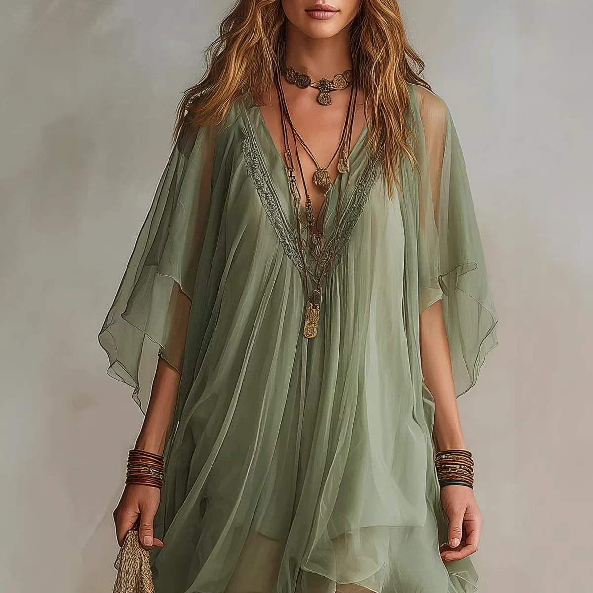 V-Neck Chiffon Dress Loose Beach Cover-Up