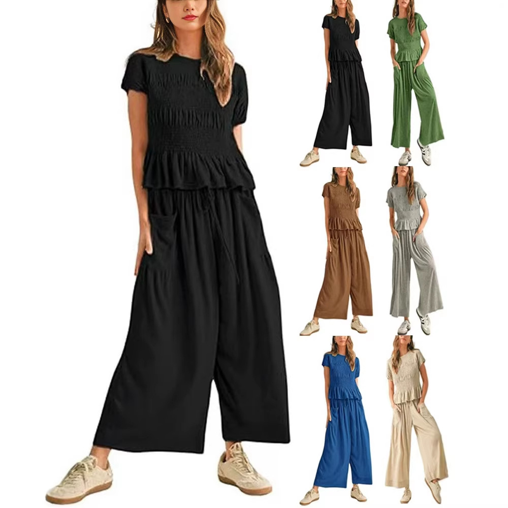 Women's Solid Color Smocked High Waist Wide Leg Pants Short Sleeve Casual Two-Piece Set