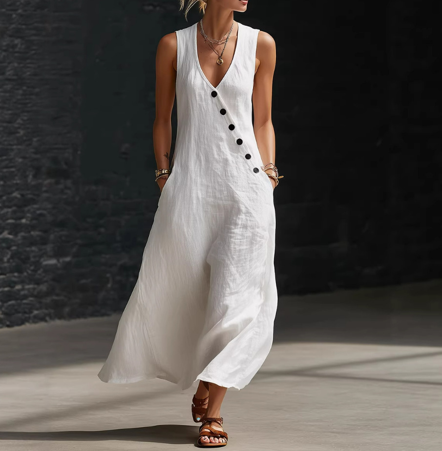 V-Neck Sleeveless Button-Front Midi Dress Cotton-Linen Vacation Casual