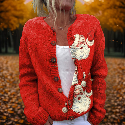 Women's Christmas Santa Print Button Cardigan Sweater