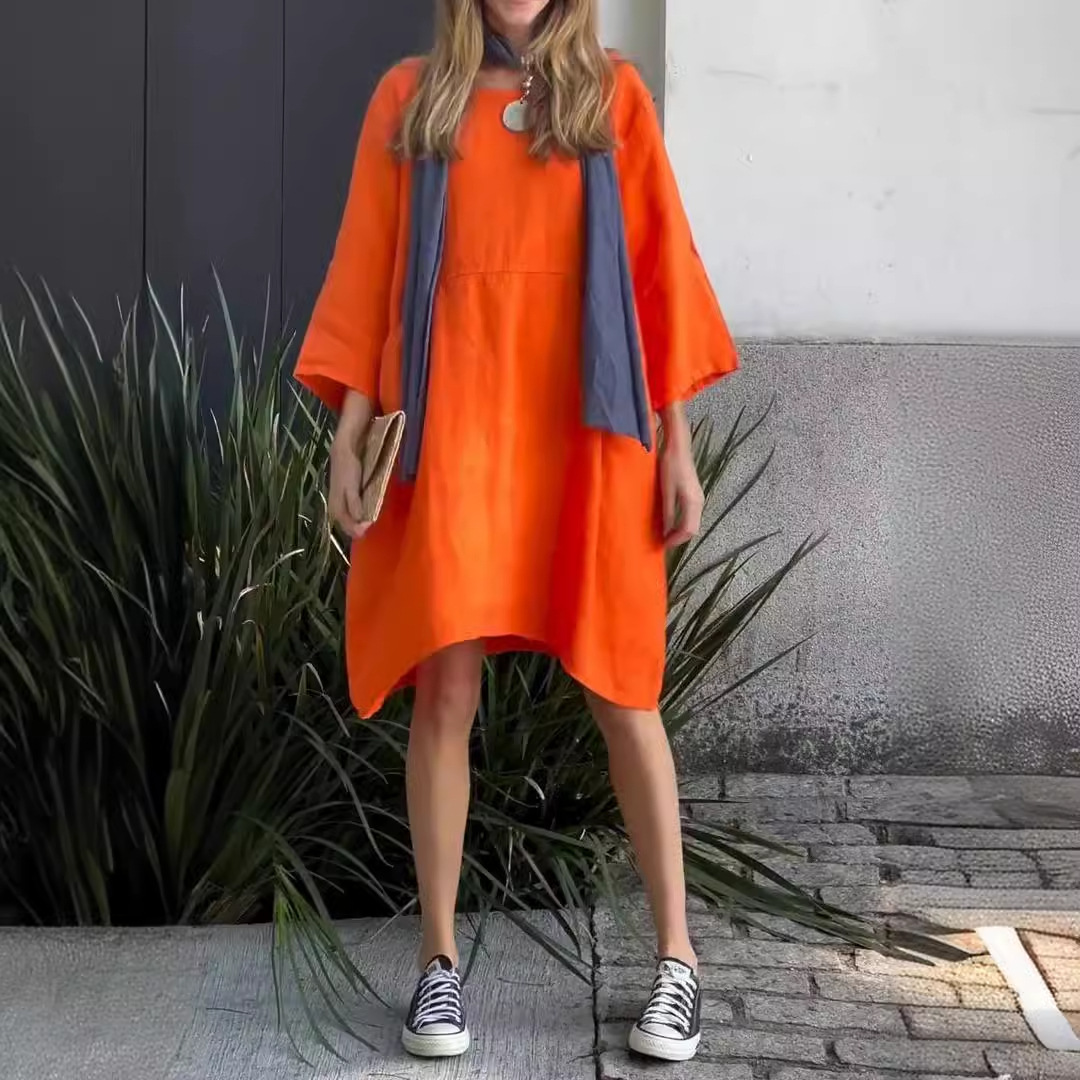 Women's Cute Solid Color Loose Casual Cotton Linen Dress with Pockets