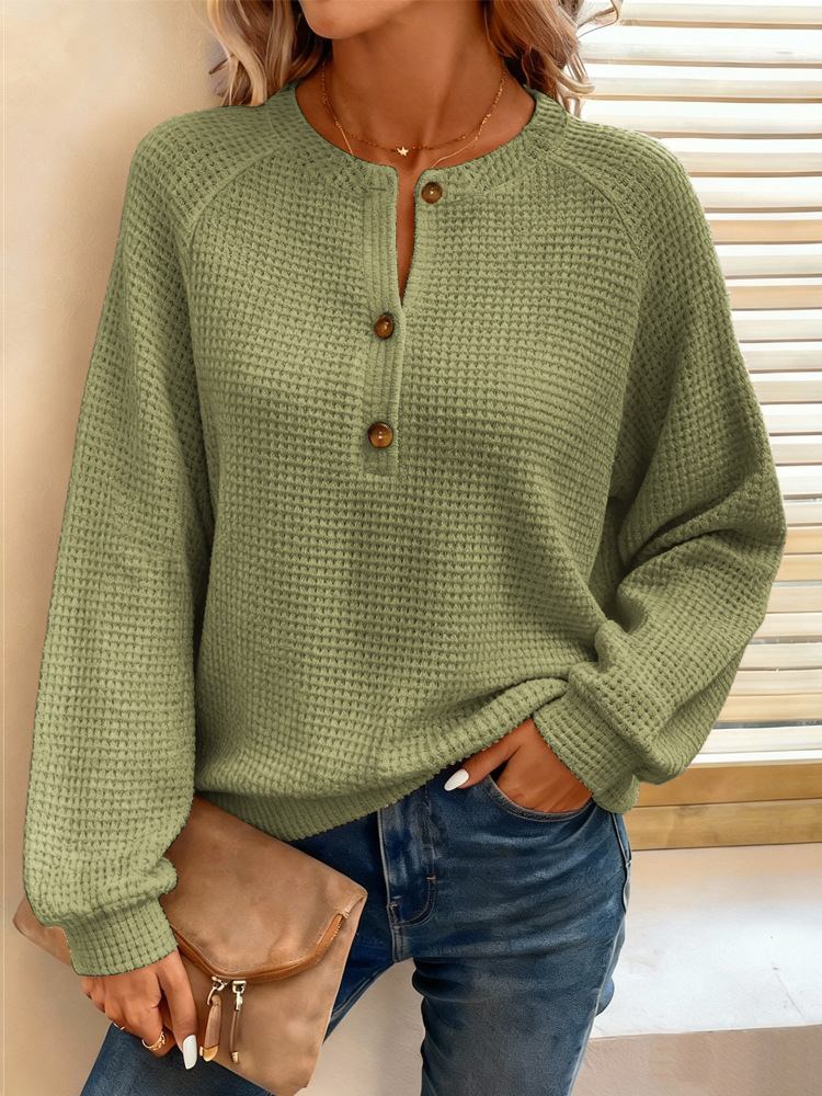 Women's Waffle Knit Long Sleeve Pullover Top Solid Color Crew Neck