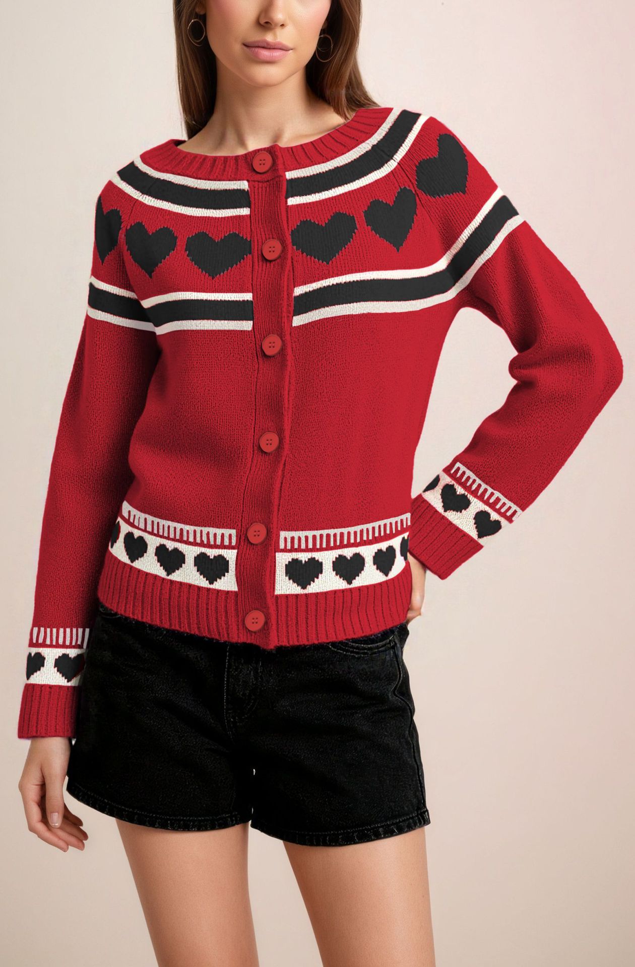 Retro Heart Pattern Knit Cardigan with Round Neck and Buttons, Loose Fit