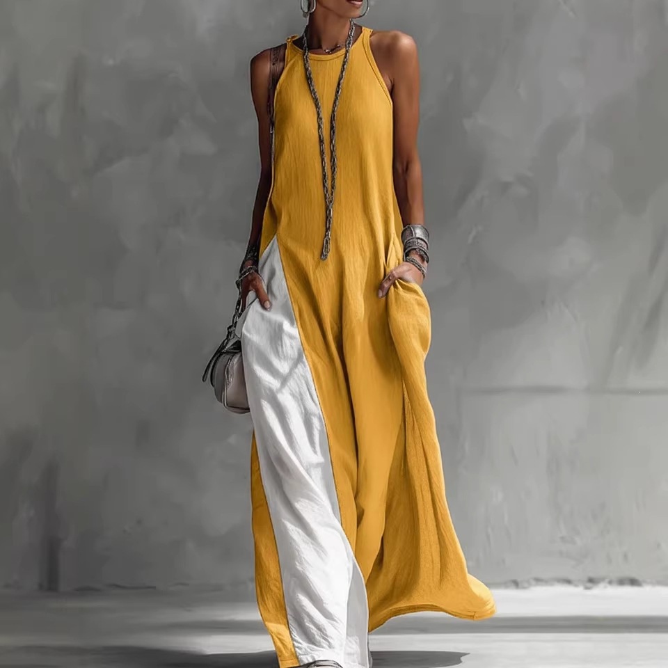 Women's Sleeveless Loose Pocket Colorblock Off-Shoulder Casual Dress