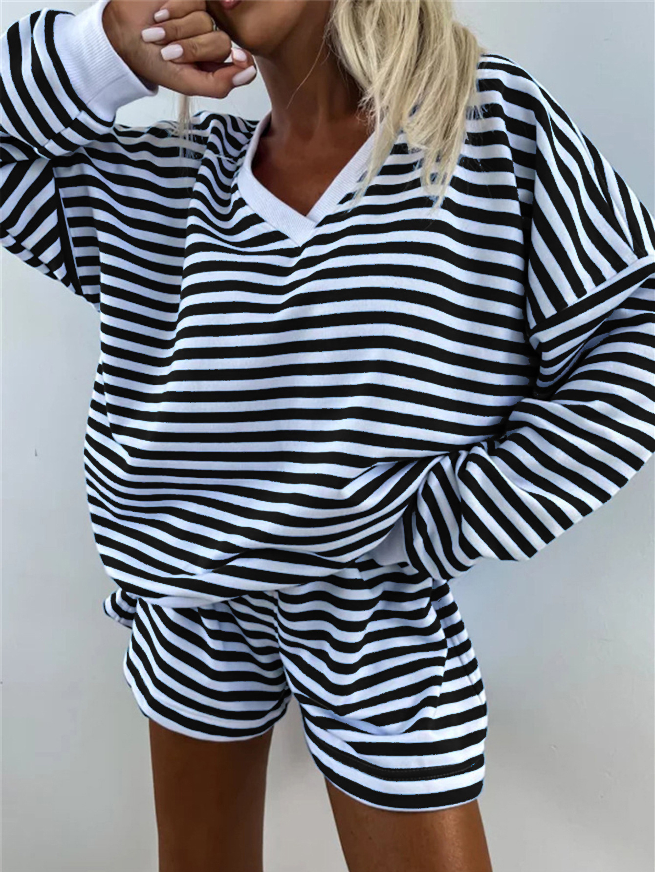 Women's Striped V-Neck Long Sleeve T-Shirt and Shorts Casual Set