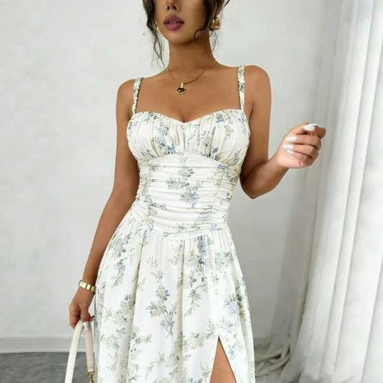 Bohemian Floral Print Sleeveless Slit Midi Dress