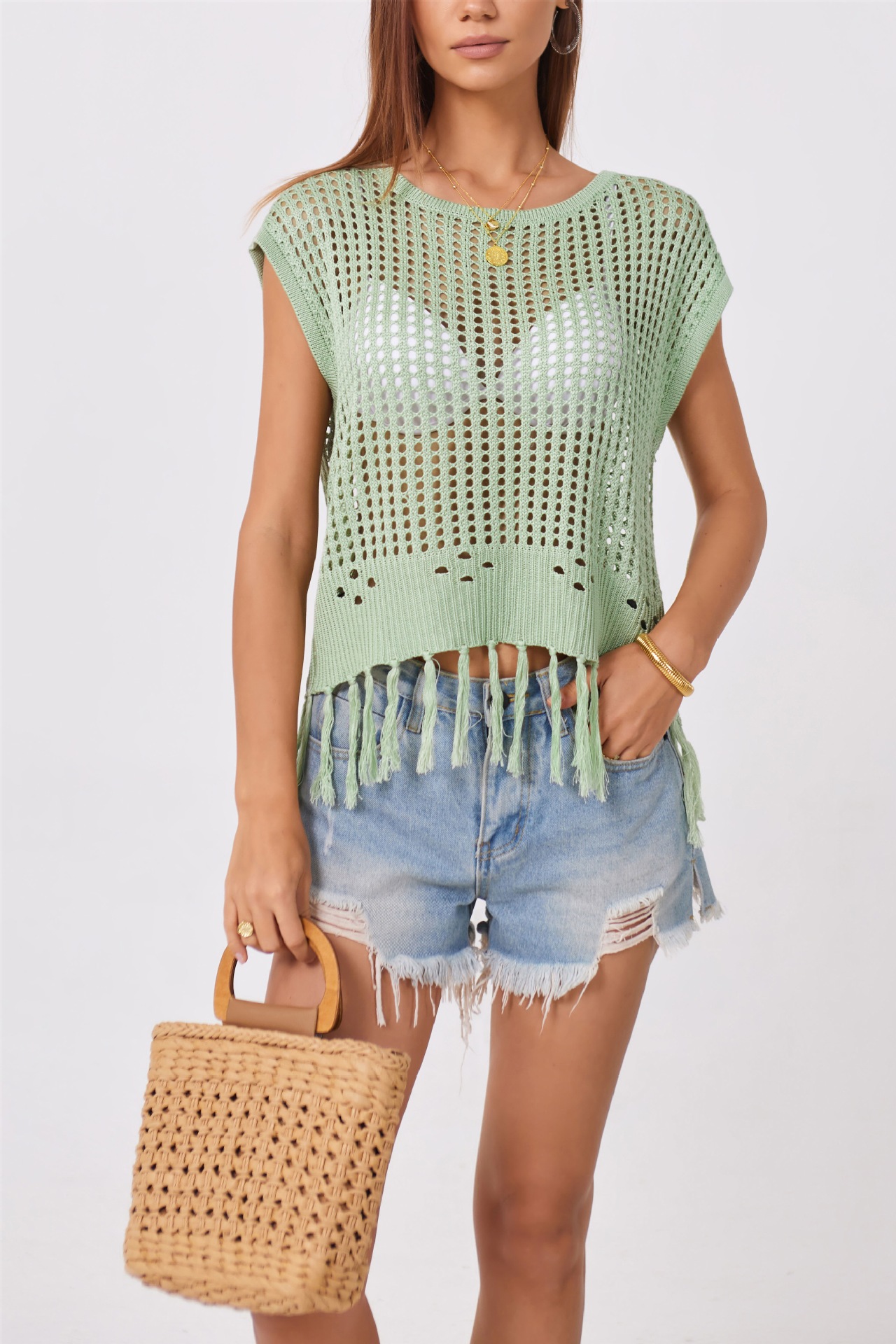 Women's Handmade Fringe Open Knit Sweater Crew Neck Loose Fit