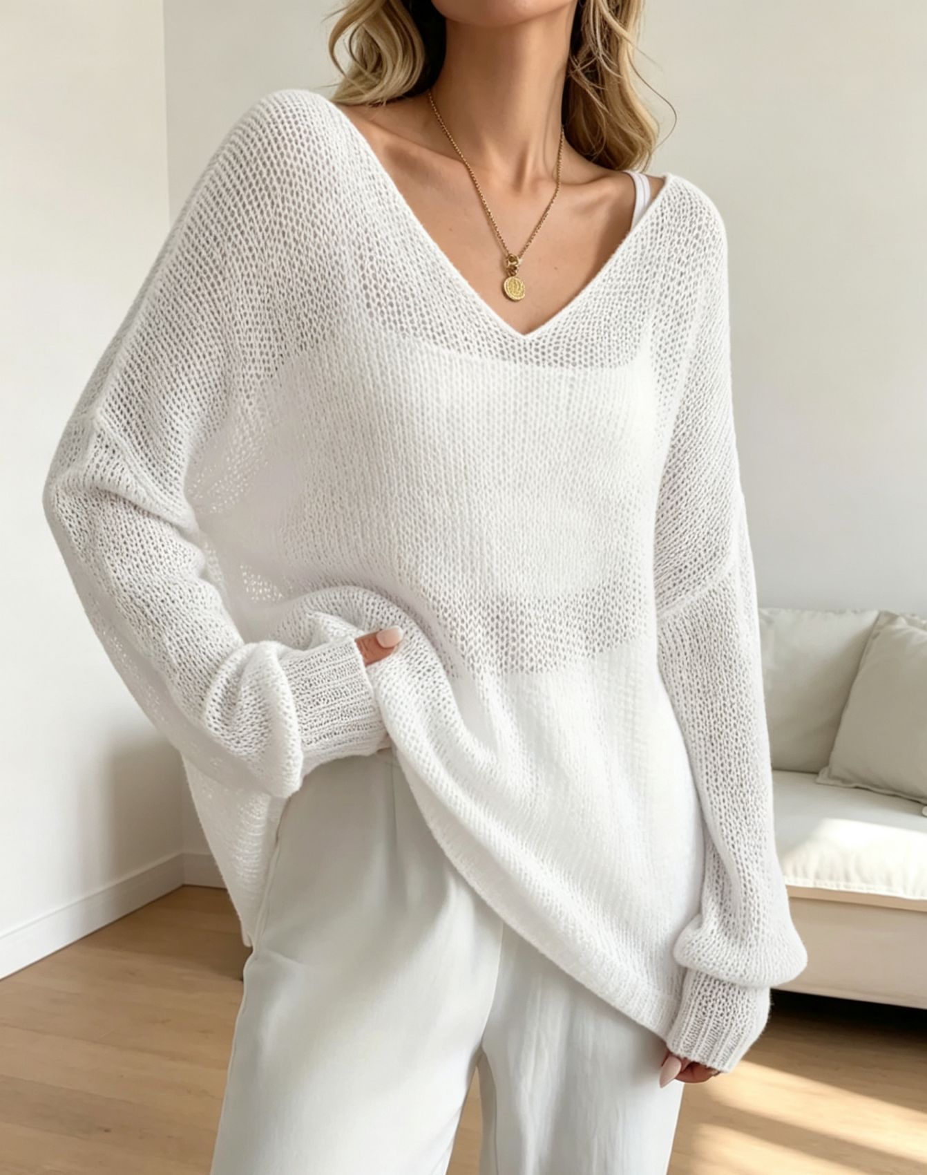 Women's Open Knit V-Neck Bell Sleeve Top