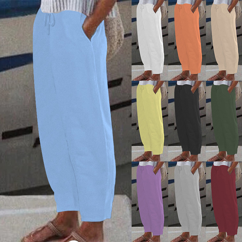 Women's Solid Color Casual Cotton Linen Pants with Elastic Waist