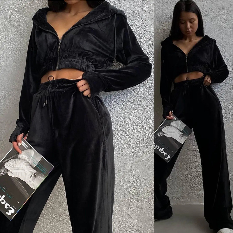 Women's Casual Solid Color Long Sleeve Zip Hoodie and Drawstring Pants Two-Piece Set