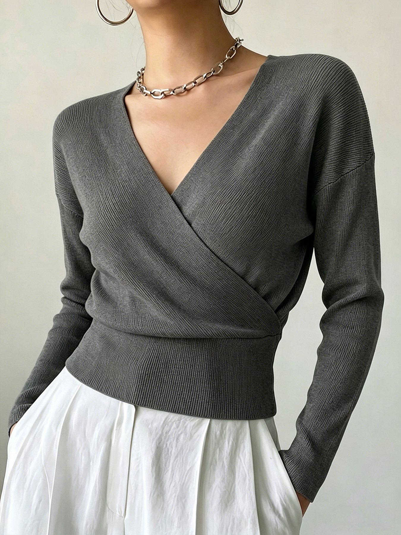 Women's Long Sleeve Cross V-Neck Knit Sweater Slimming Solid Color